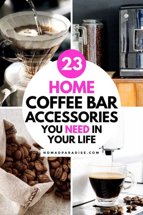 Home coffee bar accessories: 23 coffee gadgets, essentials, and other cool products for the perfect home coffee bar setup. #homecoffeebar #nomadparadise How To Set Up A Coffee Bar, Nespresso Coffee Bar Ideas, Coffee Bar Setup, Coffee Bar Essentials, Coffee Gadgets, Home Coffee Station, Bar Gadgets, Cocoa Station, Coffee Station Ideas