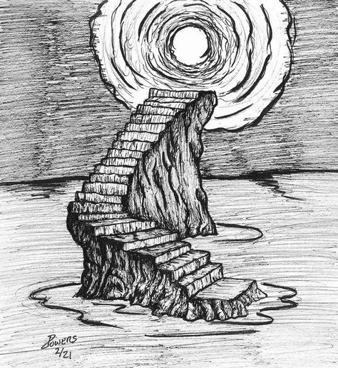 Door Portal Drawing, Surreal Landscape Drawing, Portal Art Drawing, Dream Ink Drawing, Surrealism Drawing Ideas Easy, How To Draw A Portal, Doorway Sketch, Portal Drawing Sketch, Stairs Art Drawing