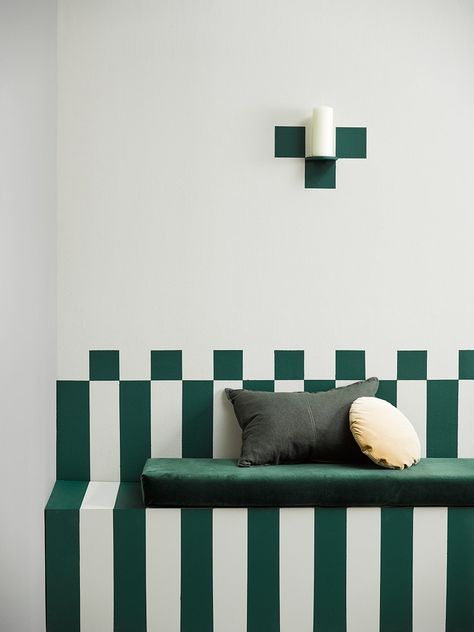 Evergreen stripes for a timeless, restaurant-inspired dining room | homestyle Diy Painted Wall, Resene Colours, Bunk Bed Room, Plant Vessels, Striped Tile, Striped Walls, Diy Tile, Built In Furniture, Painted Wall