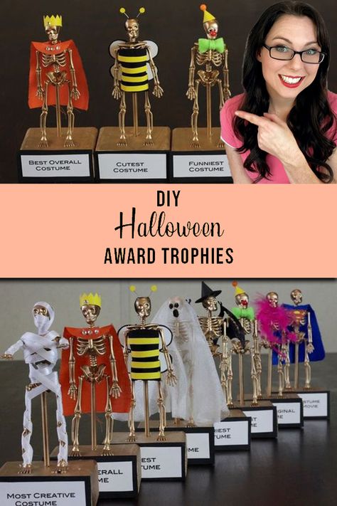 Halloween Party Trophies Diy, Diy Halloween Costume Trophies, Halloween Block Party Invitations, Halloween Party Trophies, Costume Party Trophies, Halloween Party Awards, Halloween Awards Diy, Halloween Competition Ideas, Costume Trophy Ideas