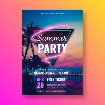 Summer party poster with multicolored leaves | Free Vector Night Summer Party, Park Parties, Night Party Invitation, Cocktails Night, College Drinks, Summer Posters, Cocktails Summer, Party Lounge, Summer Night Party