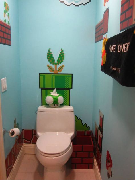 Super Mario inspired bathroom idea - via 10 Envy-inducing Video Game Bathrooms by mentalfloss Geek Home Decor, Mario Room, Geek Decor, Bathroom Themes, Deco Originale, Super Mario Brothers, Boys Bathroom, Gamer Room, Mario Brothers