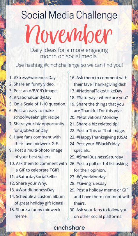 Download our FREE November Social Media Challenge so you can plan ahead, be consistent and have great engagement all month long! Be sure to share with your teams and use the hashtag #cinchchallenge so we can find you! Social Media Challenge, Social Media Challenges, Interactive Posts, Be Consistent, Social Media Calendar, Social Media Engagement, Media Strategy, Marketing Strategy Social Media, Social Media Business