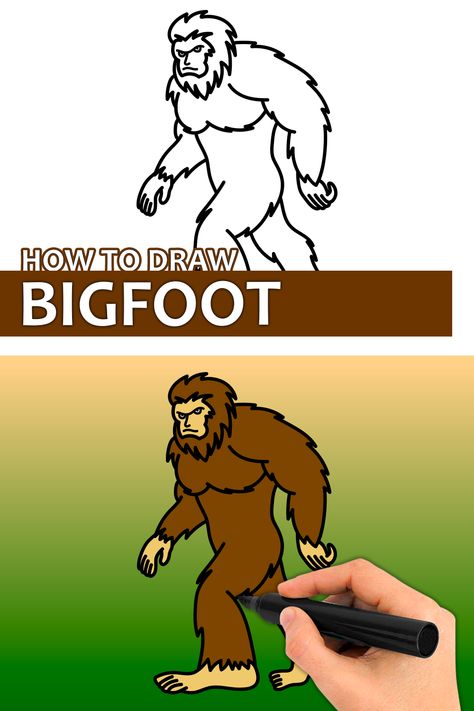 Learn how to draw Bigfoot with this step by step drawing tutorial video. Enjoy! ♥ #bigfoot #bigfootdrawing #drawing #howtodraw #easydrawingforkids #easydrawing #drawingtutorial #learntodraw How To Draw Bigfoot Easy, Sasquatch Drawing Easy, Bigfoot Drawing Easy, Bigfoot Doodle, Big Foot Drawing, Bigfoot Art Drawings, Bigfoot Coloring Pages, Bigfoot Cartoon Drawing, Bigfoot Art Cute