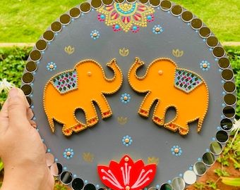 ArtsybyappyStore | Etsy India Elephant Rangoli Designs Diwali, Elephant Wall Hanging Diy, Lippan Art Elephant Design, Elephant Lippan Art, Malaysia Culture, Diy Mirror Wall Decor, Lippon Art, Mandala Home Decor, Lipan Art