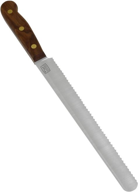 Highlights: Walnut Traditions 10" high carbon stainless steel blade Full tang Edge Type : Serrated Style Pattern: Classic Clamshell Minimal Kitchen Essentials, Scoring Bread, Bread Scoring, David Chang, Bread Slicer, Knives Kitchen, Minimal Kitchen, Food Equipment, Kitchen Cutlery