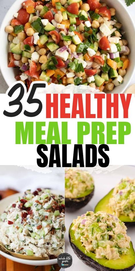 Quick and easy healthy salads you can meal prep for your work lunches! There are low carb, clean eating, high protein, keto, gluten free, vegan recipes and more. Healthy Lunch Meal Prep No Heat, Meal Prep Taco Salad, Protein Packed Salads Healthy Lunches, Low Fat Lunches For Work, Healthy To Go Lunches, High Protein Meal Prep Lunch Cold, Low Calorie Lunch Meal Prep, Meal Prep You Can Eat Cold, Meal Prep Chickpea Salad