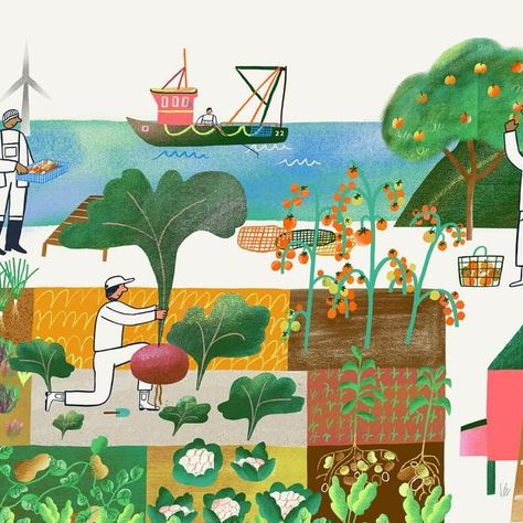 Maisy Summer Illustration on Instagram: "Green Earth Farm | 🥗🍽️  Grocery delivery box, delivered straight from the farm to you.   Had so much fun creating this little world for @andreapcreative founder of @studio___cultura. A lovely illustrative branding project translated by her team across animation, packaging, & socials.   Take a peek www.studiocultura.com 👀  #illustration #animation #design #food #organic #farming #branding" Farming Branding, Starbucks Campaign, Farmers Market Illustration, Illustrative Branding, Agriculture Illustration, Farming Illustration, Farm Illustration, Agriculture Design, Organic Packaging