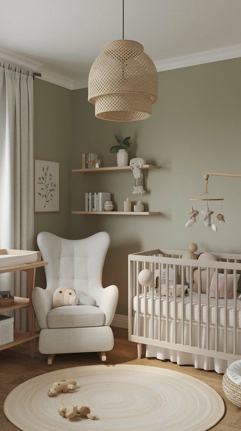 Neutral Nursery Ideas Nursery Ideas Hardwood Floor, Crib Off Center In Nursery, Sage Paint Nursery, Wainscoting Accent Wall Nursery, Nursery With Alcoves, Two Color Nursery Walls, Grey Beige Nursery, Nursery With Wood Floors, Nursery Attic Room