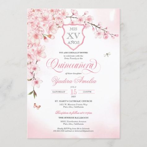 $2.95 | Cherry Blossom Blush Pink Quincea�era Invitation | Spring Birthday Invitations | cherry blossom, cherry blossom quinceanera, blush pink, quinceanos, butterfly, dragonfly, pink floral, sakura, spring quince, pink quinceanera Pink Butterfly Quince Invitations, Pink Invations Card, Cherry Blossom Quinceanera Theme, Pink Quince Invitations, Cherry Blossom Quinceanera, Cherry Blossom Quince, Cherry Blossom Invitation, Xv Invitations, Quinceñera Invitations