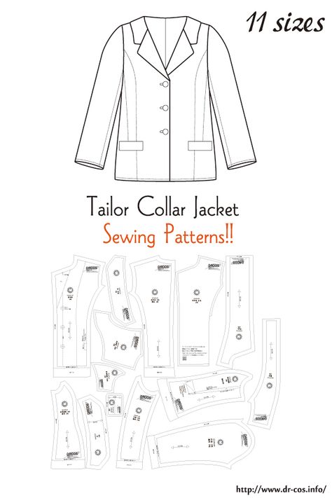 This is the pattern of a Tailor Collar Jacket. cm size(A4 size) Children's-100,120,140/Ladies'-S,M,L,LL/Men's-S,M,L,LL Womens Jacket Pattern, Suit Pattern Women, Jacket Collar Pattern, Suit Jacket Pattern, Mens Suits Pattern, Shirt Patterns For Women, Women's Sewing Patterns, Fashion Model Sketch, Japanese Sewing Patterns