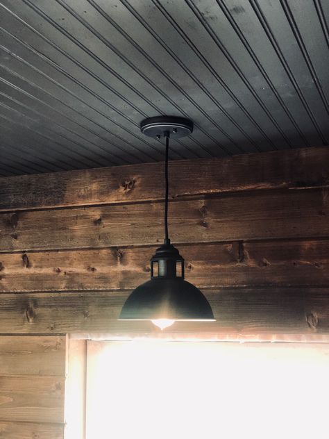 Beadboard ceiling in Urbane Bronze by Sherwin Williams Rustic Beadboard Ceiling, Basement Beadboard Ceiling, Beadboard Ceiling Stained, Dark Beadboard Ceiling, Beadboard Basement Ceiling, Rustic Basement Ceiling Ideas, Black Bead Board Ceiling, Black Stained Wood Ceiling, Black Beadboard Ceiling