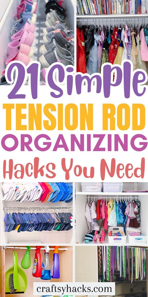 Who knew tension rod hacks could be so life-changing? Maximize your storage space with these smart ideas for home organization and more. Say goodbye to clutter and hello to a neat and tidy home. These organizing tips make decluttering effortless and budget-friendly! Tension Rod Organization Ideas, Tension Curtain Rods Ideas, Diy Closet Rod Support, Curtain Rod Storage Ideas, Tension Rods Ideas, Extra Hanger Storage Ideas, Sheet Storage Ideas, Tension Rod Storage, Tension Rod Closet