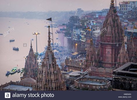 Panorama, panoramic, landscape, The rooftop of Manikarnika ghat, and general view of ghats rooftops, in Ganges river, Varanasi, Uttar Pradesh, India. Stock Photo Manikarnika Ghat, Ganges River, Panoramic Landscape, Photography Reference, Indian Photography, Rooftops, Watercolor Inspiration, Varanasi, Uttar Pradesh