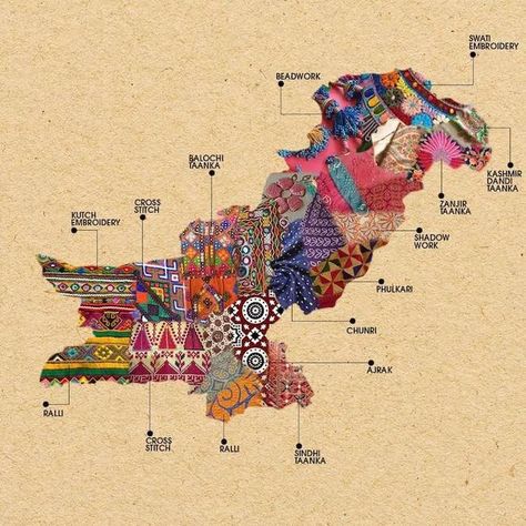 Celebrate and explore Indian and Pakistani culture with these stunning embroidered maps. Embroidery Map, Pakistan Map, Pakistan Art, Pakistani Art, Pakistan Culture, Pakistani Culture, Fotografi Kota, India Map, Truck Art