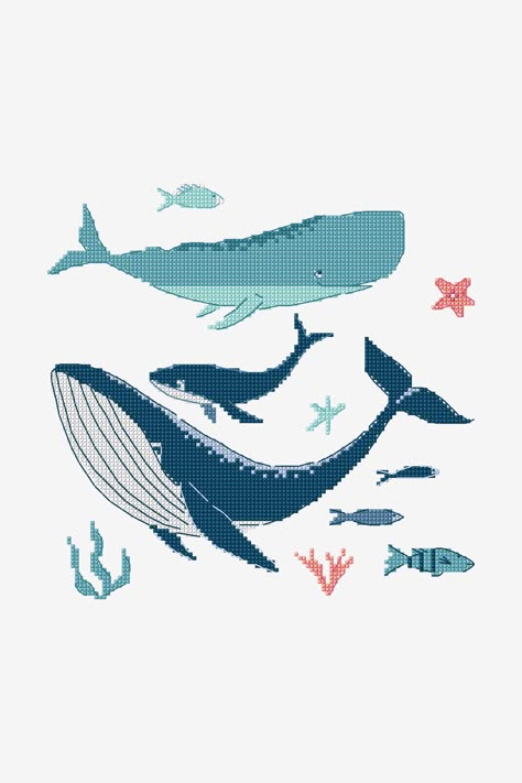 This beautiful whale design will make an eye-catching addition to clothes and accessories, or as a handmade decoration for your wall. Stitch it using oceanic... Whale Cross Stitch, Whale Pattern, Whale Design, Cross Stitch For Kids, Punch Needle Patterns, Embroidery Stitches Tutorial, Needlepoint Patterns, Knitting Kits, Needlepoint Kits