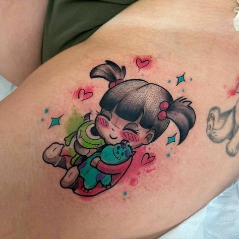 Cute Monster Tattoo Ideas, Sully Tattoo Monsters Inc, Monsters Ink Tattoo, Monsters Inc Tattoos, Monsters Inc Tattoo Ideas, Mike And Sully Tattoo, Inside Out Tattoo Ideas, Boo Monsters Inc Tattoo, Disney Glitter Tattoo