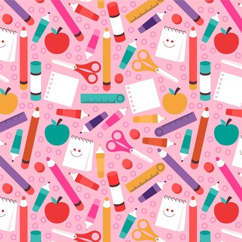 Flat back to school pattern design | Free Vector #Freepik #freevector #pattern #school #education #back-school Teacher Pattern, Back To School Pattern, Back To School Background, Back To School Wallpaper, Teacher Wallpaper, School Pattern, School Images, School Clipart, Paper Patterns