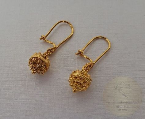 "★ Traditional Croatian filigree ball earrings, handcrafted in solid 14 k gold. Replicas of 19th century Ethnic, Heritage jewelry from Dubrovnik - Dalmatia region. Simple in style, versatile to wear with any outfit, and perfect for any occasion. Earrings end with secure, latching type of ear-wires. ★ *These earrings are handmade on order in 7-10 business days* Due to the handmade creation, every pair is unique, so there can be tiny variations in dimensions of the finished earrings. They are on a Everyday Gold Earrings Indian, Kids Earrings Gold, Light Weight Gold Earrings, Gold Earrings Studs Simple, Gold Ball Earrings, Gold Earrings For Kids, Desi Vibes, Gold Earrings Indian, Simple Gold Earrings