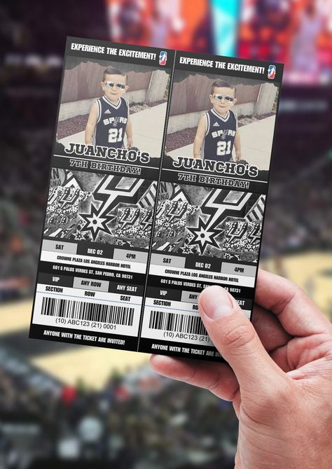 An editable digital file for you to customize your preferred invitation using Canva. Open the template, edit your desired fonts, colors, sizes, or placements online, then print. No additional software downloads necessary after purchase. Ticket Birthday Invitation, Basketball Tickets, Abc 123, Birthday Invitation Template, San Antonio Spurs, 7th Birthday, San Pedro, Nba Basketball, May 13