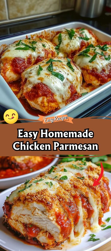 Recreate a classic Italian favorite with this Easy Homemade Chicken Parmesan. Juicy chicken breasts are breaded, fried, and then topped with marinara sauce and a generous helping of melted mozzarella cheese. Serve it over a bed of spaghetti for a complete meal that brings the flavors of Italy to your dining table. #ChickenParmesan #ItalianCuisine #Homemade Quick Easy Chicken Parmesan Recipe, Chicken Parmesan Recipe Grilled, Dutch Oven Chicken Parmesan, Parmesan Chicken With Pasta, Frozen Chicken Parmesan Recipe, Homemade Chicken Parm, The Best Chicken Parmesan Recipe, Chicken Parmesan Recipe Easy Healthy, Chicken Breast Dinner Ideas Easy Quick