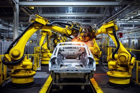 Car being assembled in factory with robot working on the car. Generative AI royalty free stock image Futuristic Workshop, Robotic Arms, Arm Work, Brand Ideas, Vector Cartoon, Battlefield, Stock Images Free, Stock Illustration, Royalty