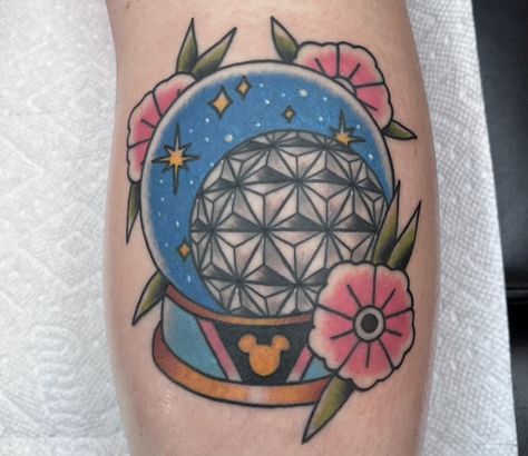 Spaceship Earth Tattoo, Epcot Ball Tattoo, Epcot Tattoo Ideas, Epcot Tattoo, Snowglobe Tattoo, Dark Disney Tattoo, Globe Tattoos, Earth Tattoo, Disney Sleeve