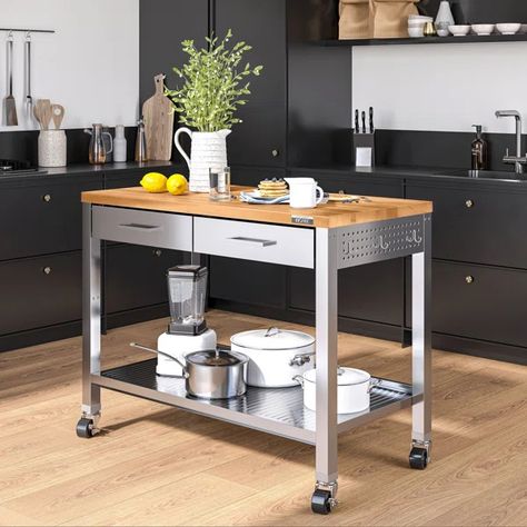 48'' Wide Stainless Steel Kitchen Rolling Cart Island with Solid Wood Top Center Island Table, Stainless Steel Kitchen Ideas, Kitchen Rolling Cart, Kitchen Work Table, Kitchen Prep Table, Stainless Steel Kitchen Island, Kitchen Work Tables, Kitchen Entry, Upper Cabinet