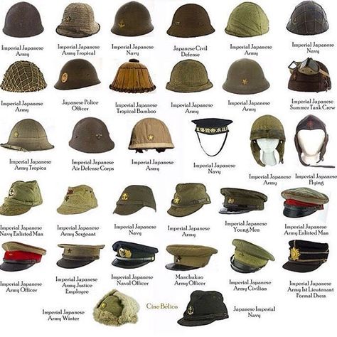 the_ww2_memoirs Pictured above is a wide array of Japanese hate and helmets used throughout World War 2 by their military. The Japanese found themselves in many different environments that needed many different clothing items and equipment. Most helmets were made out of steel and some had a canvas cover which you can see on the standard Imperial Army helmet which is the fifth helmet on the top row. Some were also equipped with netting so camouflage could be put in there which many did do thi... Hat Guide, Japanese Hat, Military Headgear, Perang Dunia Ii, Imperial Japan, Wwii Uniforms, Military Hats, Imperial Army, Comparison Chart