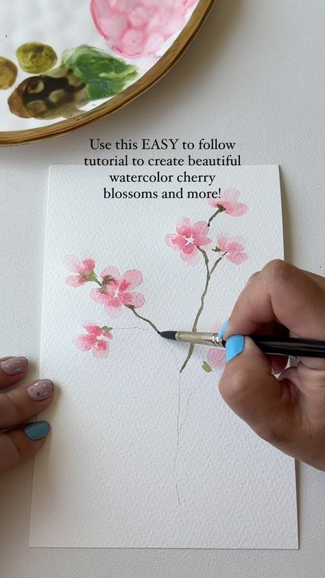 Watercolor Arist | Bree Copley | Be sure to save this easy to follow and watercolor cherry blossom tutorial and let me know if you try it! And if you enjoy these mini… | Instagram Watercolor Dogwood Flowers, Cherry Blossom Watercolor Tutorial, How To Paint Cherry Blossoms, Easy Watercolour Ideas, Watercolour Cherry Blossom, Cherry Blossom Tutorial, Cherry Blossom Watercolor Painting, Mini Instagram, Flower Reference