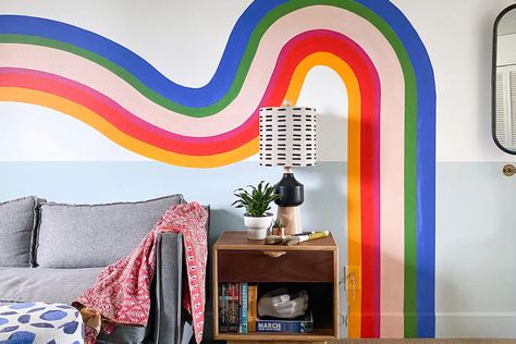 Rainbow Wall Mural Diy Paint, Rainbow Stencil Wall Art, Corner Rainbow Mural, Abstract Rainbow Wall Mural, Food 52, Diy Projects, Rainbow