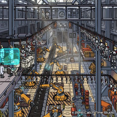 ArtStation - Robot Factory, Tim van Geel Robot Factory, Factory Interior, Futuristic Robot, Star Wars Books, Industrial Factory, Quirky Illustration, Spaceship Design, Environment Concept Art, Environmental Art