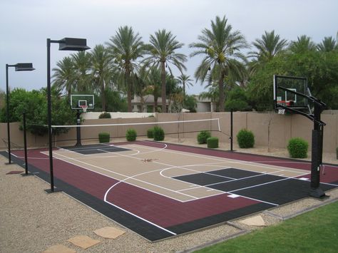 40' x 70' Full Court Full Court Basketball Backyard, Sport Courts Outdoor, Home Basketball Court Outdoor, Outdoor Basketball Court Aesthetic, Basketball Court Outdoor, Basketball Court Design, Tennis Court Backyard, Outdoor Sports Court, Backyard Court