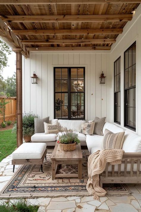 55 Farmhouse Patio Ideas for Charming and Rustic Style Modern Farmhouse Back Porch Ideas, Exterior Patio Design, Outdoor Patio Ideas Covered, Back Porch Layout Ideas, Modern Farmhouse Screened In Porch, Concrete Covered Patio Ideas, Back Deck Ideas Porch Decorating, Farmhouse Patio Decorating Ideas, Back Porch Furniture Ideas