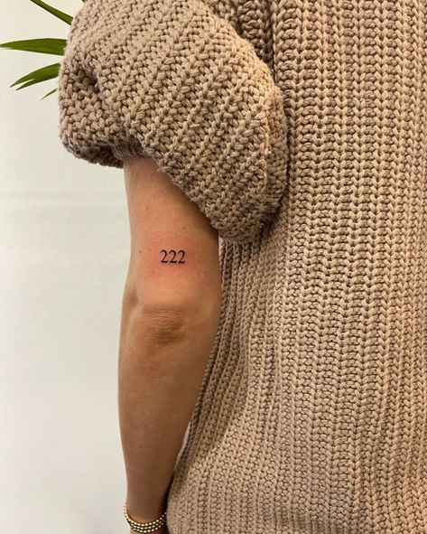 Numbers Above Elbow Tattoo, 12:22 Tattoo, 444 Tattoo Above Elbow, 777 Tattoo Back Of Arm, 222 Elbow Tattoo, 222 Small Tattoo, 222 Forearm Tattoo, Places To Get Number Tattoos, 222 Tattoo Placement Ideas