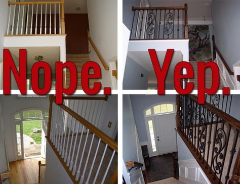 Iron baluster staircase: before and after Stair Railing Makeover, Wrought Iron Stair Railing, Contemporary Staircase, Diy Staircase, Iron Stair Railing, Wrought Iron Stairs, Staircase Remodel, Staircase Makeover, Iron Balusters