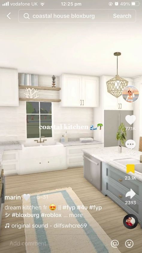 Coastal Pantry Bloxburg, Beachy Kitchen Bloxburg, Coral Decals Bloxburg, Coastal Living Room Bloxburg, Coastal Kitchen Bloxburg, Room Bloxburg Ideas, Coastal Bloxburg House, Coastal Bloxburg, Living Room Bloxburg