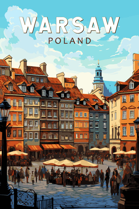 Vintage-style poster showcasing the charm of Warsaw, Poland, perfect for adding retro vibes to your decor. Poland Illustration, Poland Poster, Vintage Town, Poland Art, Poland Warsaw, Travel Poster Design, Poland Travel, Travel Postcard, Retro Travel Poster