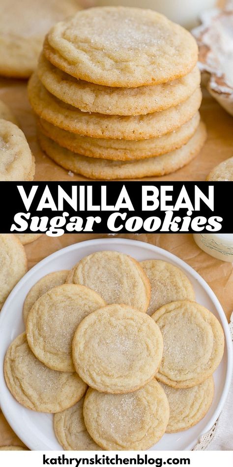 Soft and Chewy Vanilla Bean Sugar Cookies Cookies With Vanilla Bean Paste, Vanilla Bean Cookies Recipes, Vanilla Almond Cookies, Vanilla Bean Sugar Cookies, Recipes With Vanilla Bean, Vanilla Bean Desserts, Cookie Recipe Without Baking Soda, Vanilla Bean Cookies, Wafer Cookie Recipe