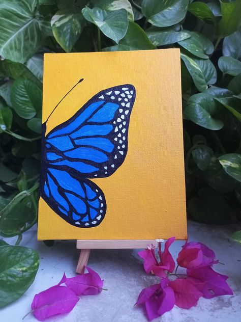 Mini Art/Miniature PaintingBeautiful Half Butterfly Canvas Painting/Modern Art/ Blue and Yellow/Small Size/Wooden Stand by Wedesipalette on Etsy Butterfly Canvas Painting, Canvas Painting Modern Art, Half Butterfly, Art Miniature, Painting Modern Art, Butterfly Canvas, Yellow Butterfly, Butterfly Painting, Illusion Art