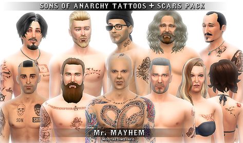 Mod The Sims - SAMCRO Tattoos & Scars Pack Sims4 Tattoos, The Sims 4 Tattoo, Tracey Anderson, Sims4 Mod, Mark Boone Junior, Marine Tattoo, Ryan Hurst, Sims 4 Male Clothes, Sims 4 Tattoos