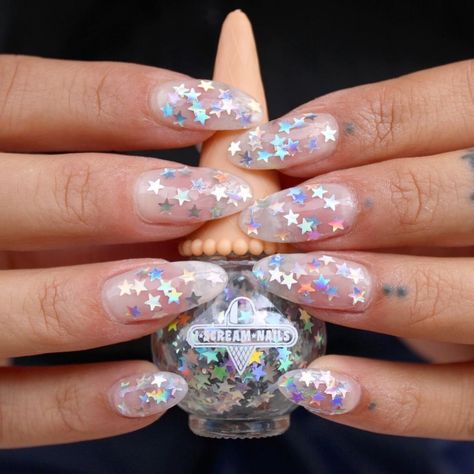 Star Glitter Nails, Glittery Nail, Scream Nails, Star Nail Designs, Clear Acrylic Nails, Glitter Nails Acrylic, Glitter Nail Polish, Sparkle Nails, Kawaii Nails