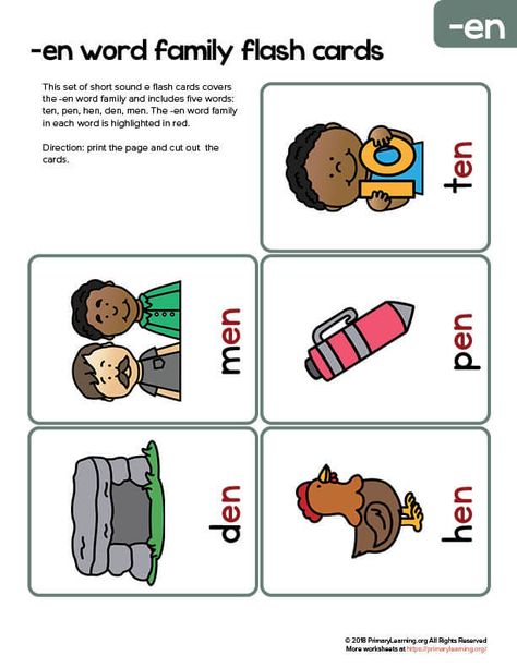 This set of flashcards includes short e sound words from EN word family. The short e sound in each word is highlighted in red. Words: den, men, hen, pen, ten. Word Families Worksheets, Family Flashcards, Word Family Reading, Reading Games For Kids, Kindergarten Word Families, Phonics Worksheets Free, Increase Vocabulary, Cvc Words Kindergarten, Word Family Worksheets