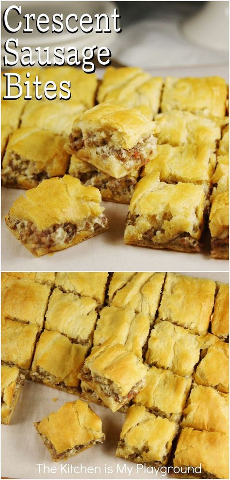 Tray of Crescent Sausage Bites Quick And Easy Party Food, Crescent Sausage Bites, Crescent Roll Appetizers, Sausage Bites, Sausage Appetizers, Appetizers Easy Finger Food, Crescent Roll Recipes, Finger Foods Easy, Easy Party Food