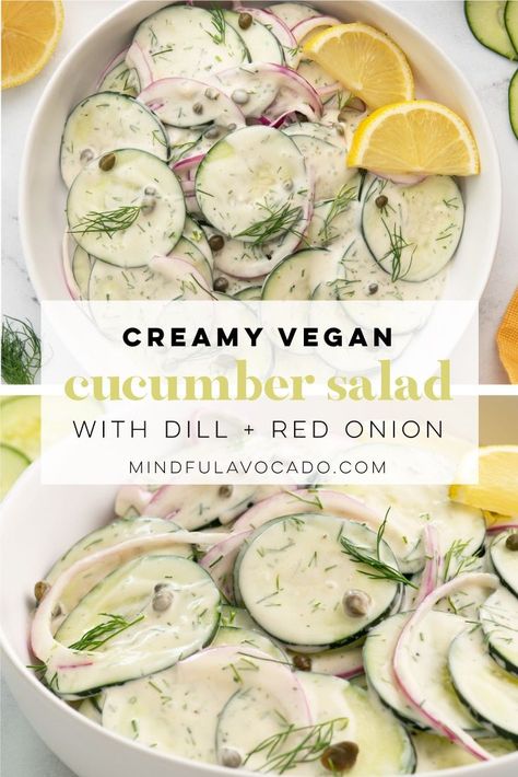 VEGAN CUCUMBER SALAD - Crunchy, creamy, and refreshingly cold vegan cucumber salad has EVERYTHING you want in a summer recipe! It's a no-cook appetizer or side that's super easy to put together in less than 10 minutes using vinegar for a little zip, maple syrup for a bit of sweet and capers for the salty touch. Best of all, the dressing is made entirely with healthy ingredients you know and love! | mindful avocado Vegan Cucumber Salad, Vegan Cucumber, Cucumber Salad Recipe, Vegan Summer Recipes, Creamy Cucumber Salad, Vegan Bbq, Vegan Salad Recipes, Cucumber Recipes Salad, Vegan Side Dishes