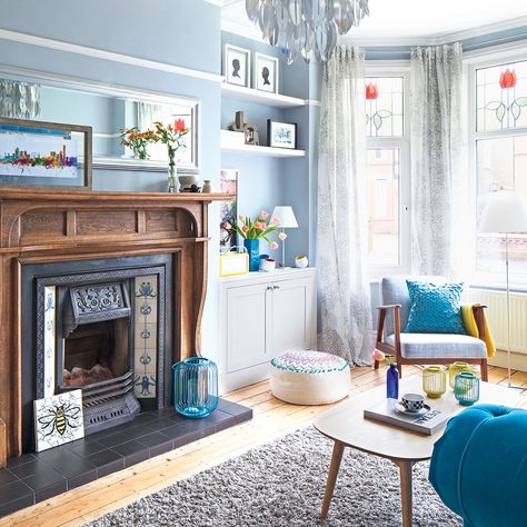 Blue light-filled living room with centrepiece fireplace Room Colour Schemes, Blue Living Room Color, Living Room Design Diy, Light Blue Living Room, Living Room Colour, Apartment Design Ideas, Living Room Colour Schemes, Hall Room, Victorian Living Room