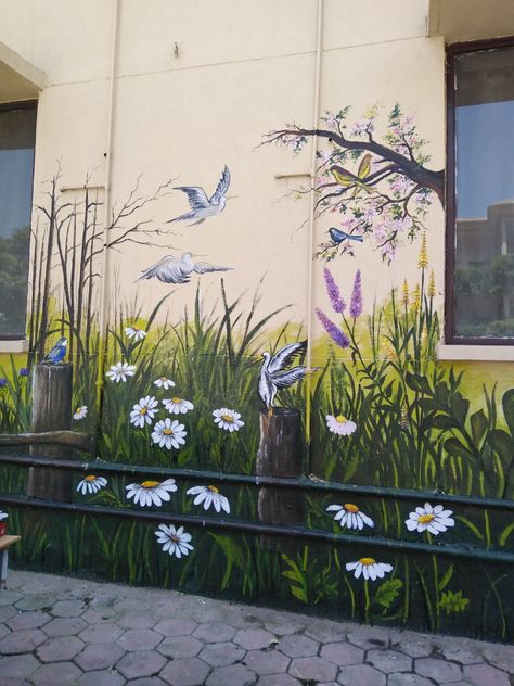 Graffiti Nature Murals, Wood Fence Mural Ideas, Painted Garden Shed Mural, Exterior Wall Murals Painted, Outdoor Garden Mural, House Exterior Mural, Murals On Fences, Garden Wall Paint, Outdoor Wall Painting Ideas