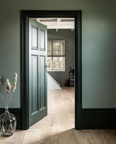 Wood Trim Black Walls, Black Trim With Colored Walls, Edwardian Decor, Black Trim Interior, Dark Doors, Dark Trim, House Colours, Green Hallway, Dark Living Rooms