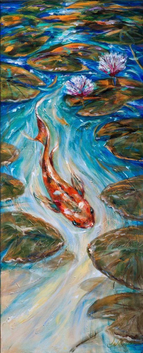 Original Art Varnish/Acrylic/Gesso/Metallic Painting, measuring: 40.64W x 101.6H x 3.81D cm, by: Linda Olsen (United States). Styles: Impressionism. Subject: Fish. Keywords: Pond With Fish, Fish, Water, Lilypads, Pond, Koi. This Varnish/Acrylic/Gesso/Metallic Painting is one of a kind and once sold will no longer be available to purchase. Buy art at Saatchi Art. Fish In Water Painting, Impressionism Art Easy, Lilypad Painting, Paintings On Canvas Nature, Pretty Painting Ideas, Acrylic Fish Painting, Long Canvas Painting Ideas, Fish Art Painting, Pond With Fish