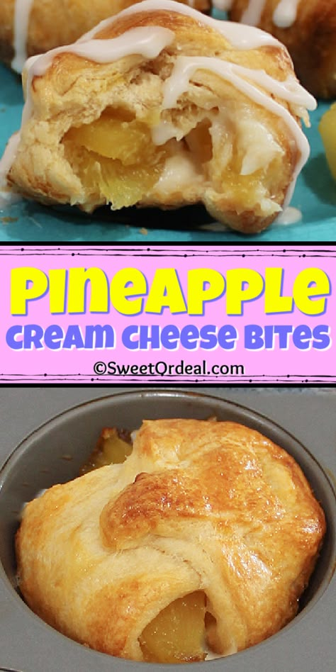 Pineapple Cream Cheese Bites: delicious layers of sweet tropical pineapple and cream cheese surrounded by a flaky crescent crust. In addition to being a scrumptious part of breakfast, they are the perfect brunch dessert for your table. Step-by-step instructions show how easy it is to fold the flaky crescent around the delicious layers. Not just for breakfast, these Bites are a wonderful snack or treat throughout your day. Recipe With Pineapple Chunks, Pineapple And Cream Cheese, Crescent Desserts, Cream Cheese Bites, Crescent Roll Recipes Dessert, Cream Cheese Puffs, Pineapple Cream Cheese, Crescent Roll Dessert, Brunch Dessert